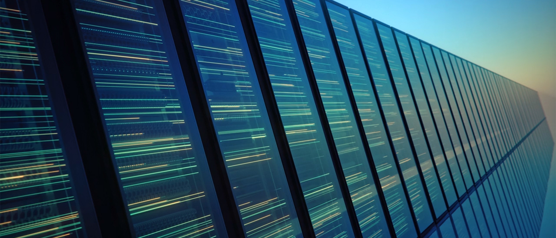 Image of data centre with lights on monitors
